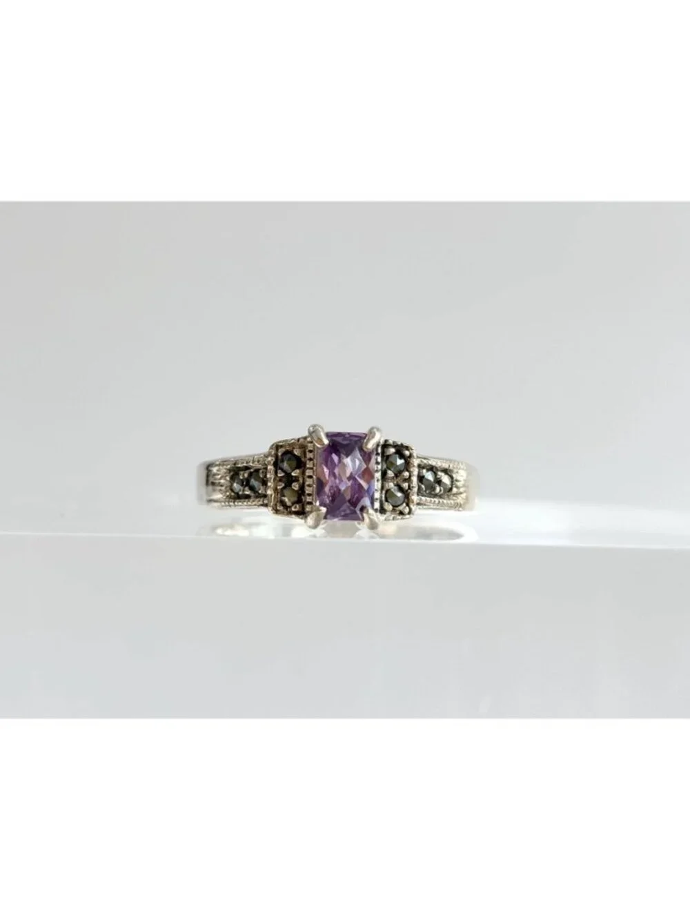 Art Deco Amethyst Gemstone Marcasite Sterling Silver 925 Vintage Ring - sz 9